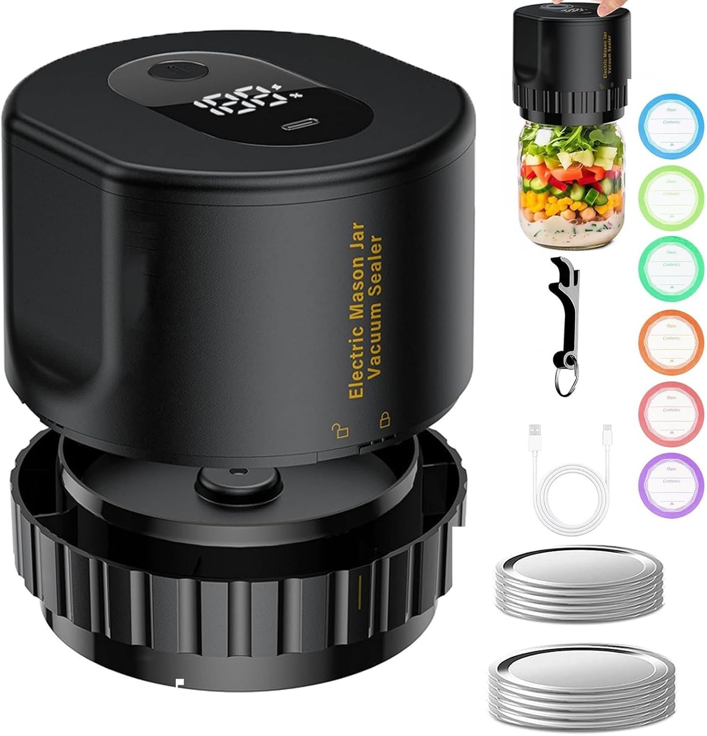 mason jar vacuum 2 in 1 design electric mason jar vacuum sealing kit, fully automatic suction stop food storage vacuum sealer for wide mouth and regular mouth mason jars, black